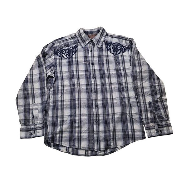 Roar Plaid Button Up Shirt Men Sz‎ L Embroidered Blue Gray Designer - Picture 1 of 7